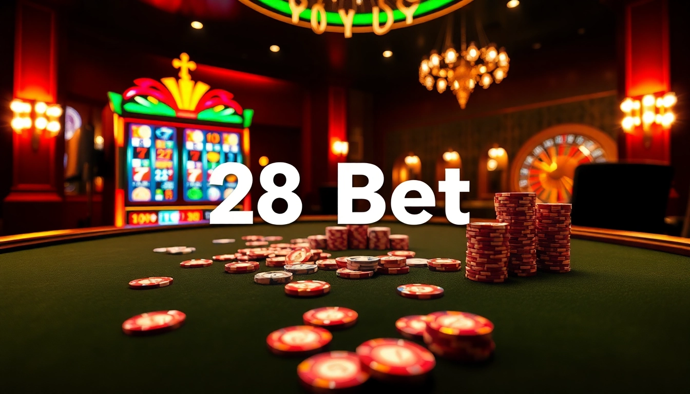 Experience thrilling betting action at 28Bet's luxurious casino gaming scene with cards, chips, and slots.