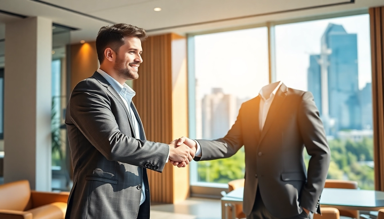Headhunter Schweiz shaking hands with a candidate in a modern office setting.