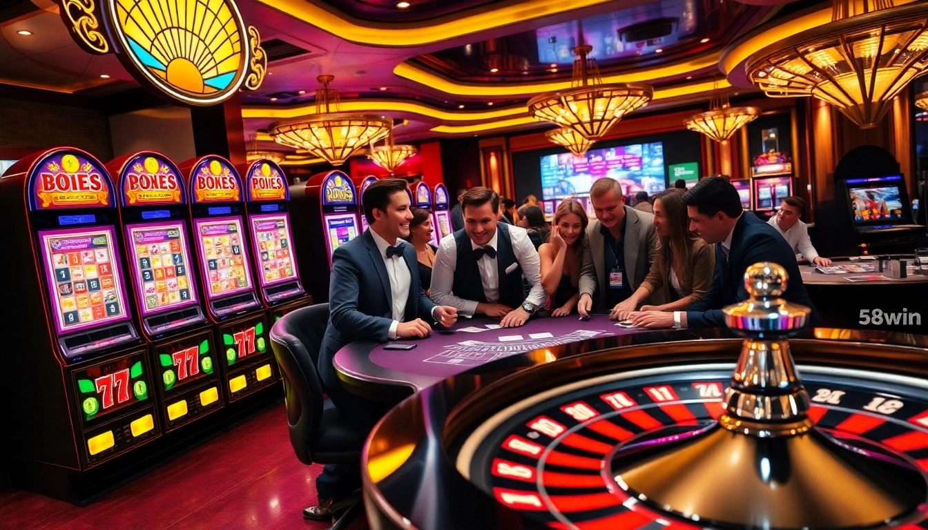 Experience the excitement of 58win with vibrant casino graphics featuring gamblers at a roulette table.