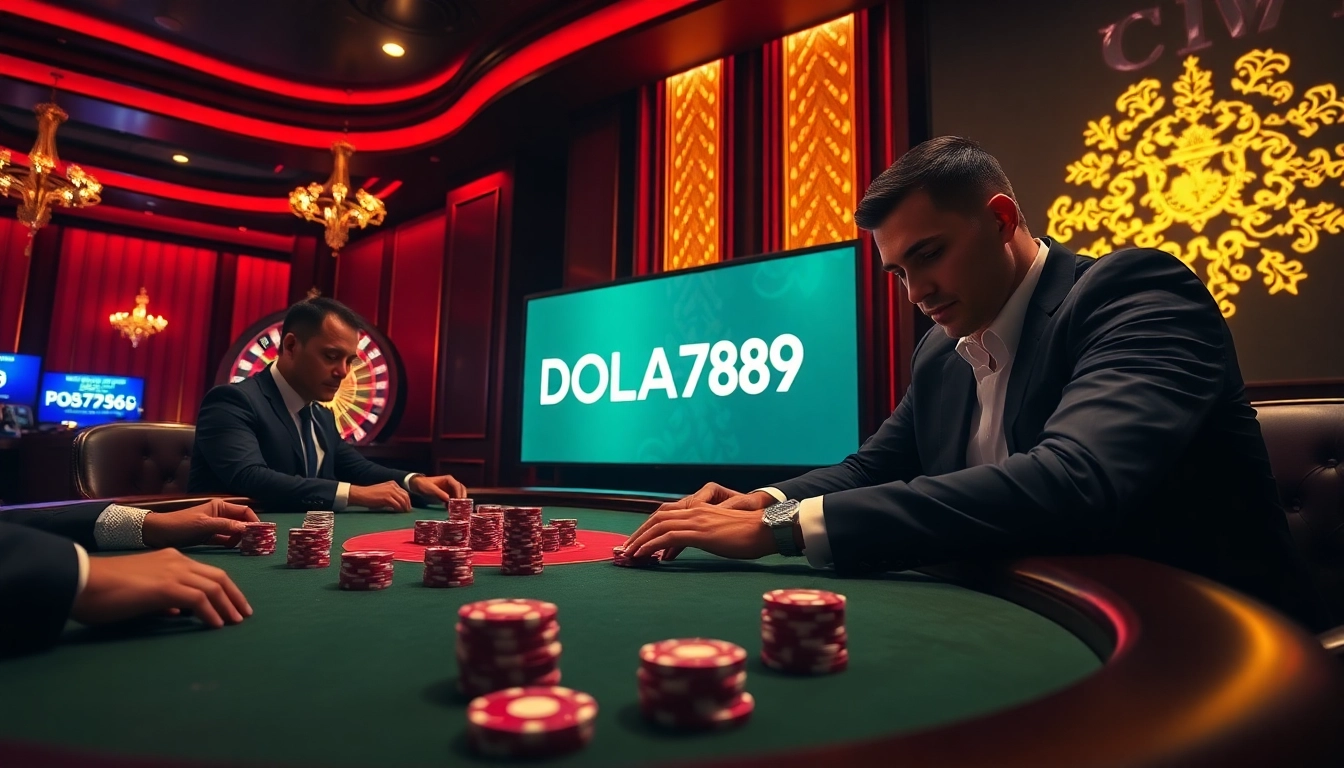 DOLA789 poker scene showcasing high-stakes excitement and luxury atmosphere.