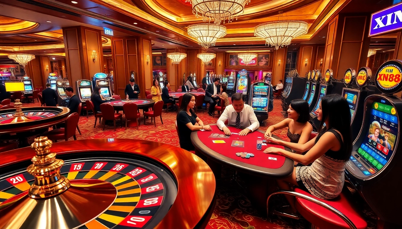 Excited players celebrating wins at xin88's vibrant casino tables with roulette and poker.