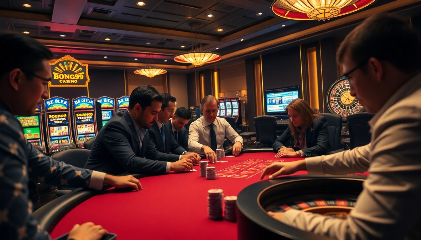 Bong99 players enjoying a thrilling casino atmosphere with poker and roulette.