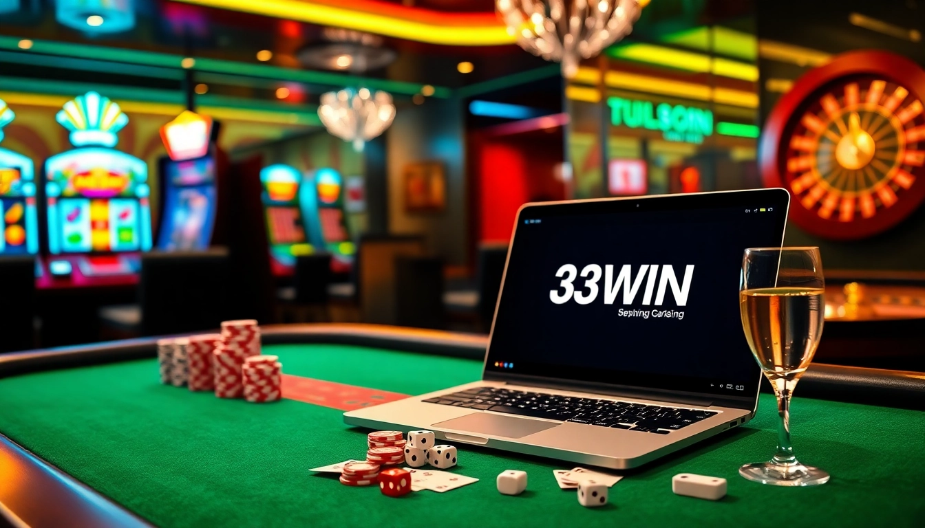 Engaging in thrilling gameplay at 33WIN casino with poker chips and roulette wheel.