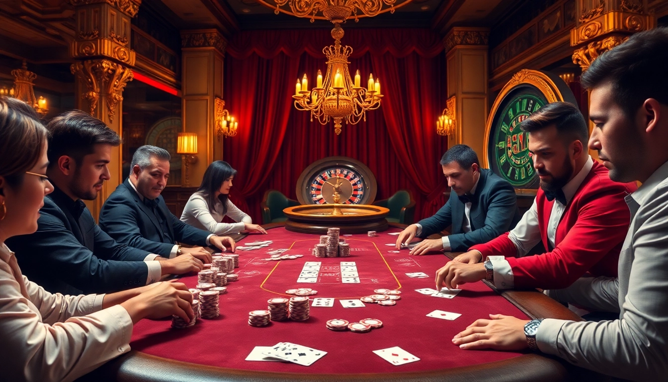 Engaged players at VVVwin’s elegant poker table, showcasing high-stake excitement in a luxurious casino atmosphere.
