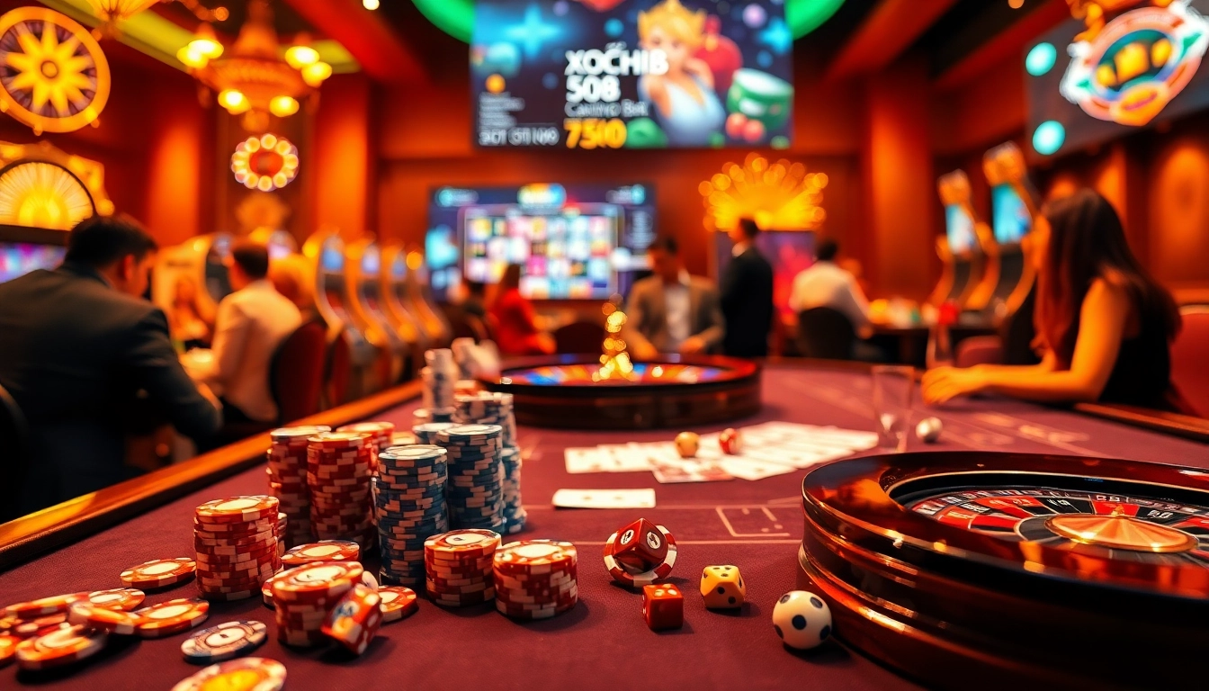 Players enjoying a thrilling gaming experience at xocdia88 casino with vibrant poker chips and roulette table.