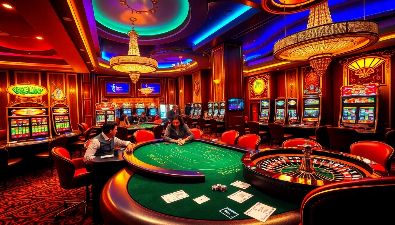 Sao789 gaming scene with intense poker action, elegant slot machines, and high-stakes betting atmosphere.