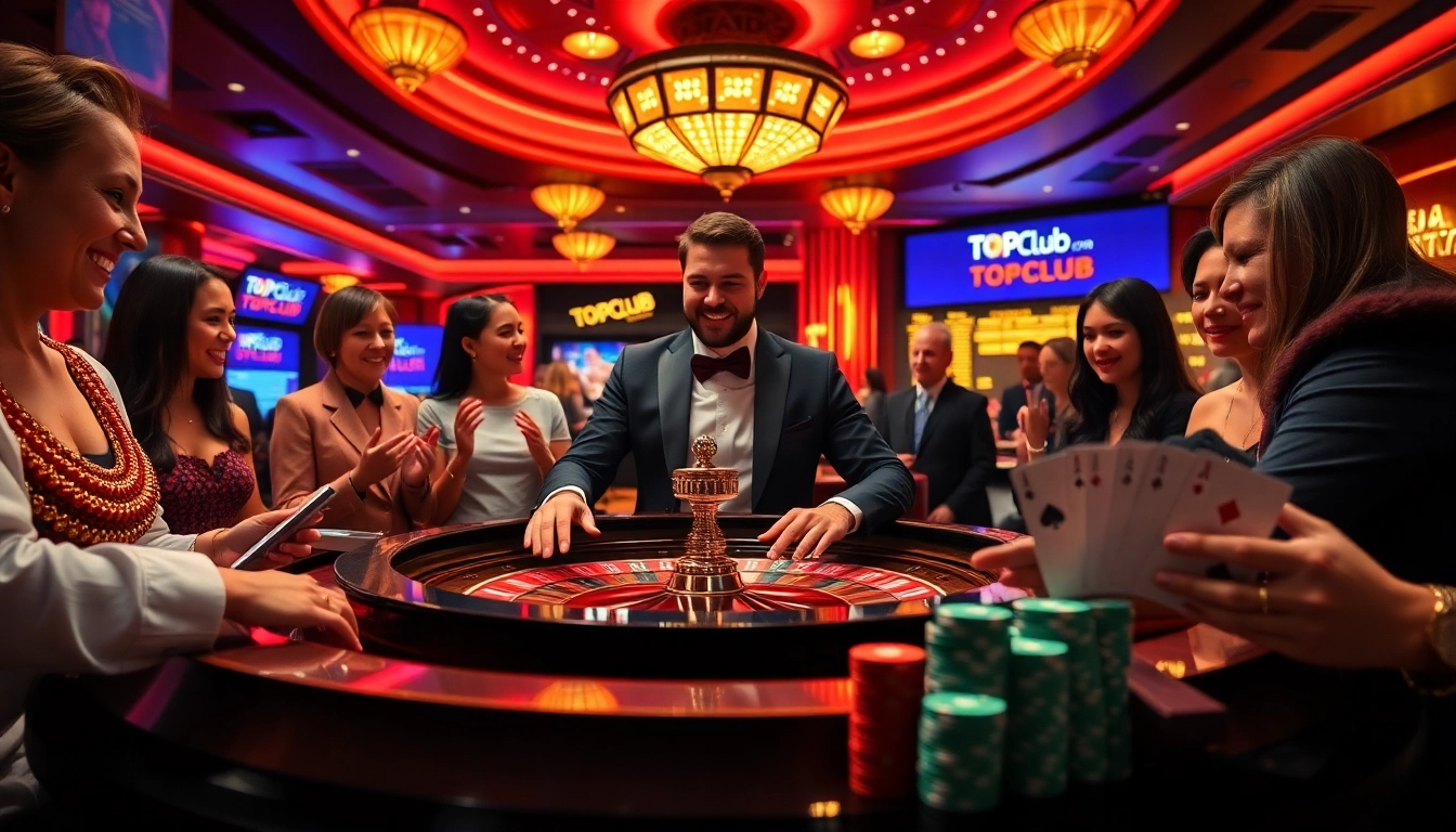 Excited players betting at a roulette table in a vibrant casino environment representing https://topclub.bond/.