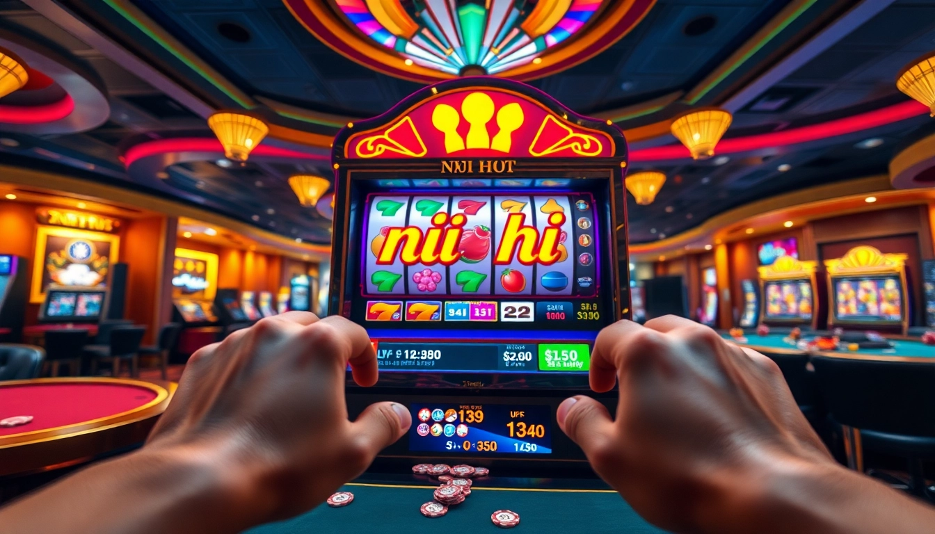 Engaging slot machine game nổ hũ offering excitement with colorful symbols and vibrant casino setting.